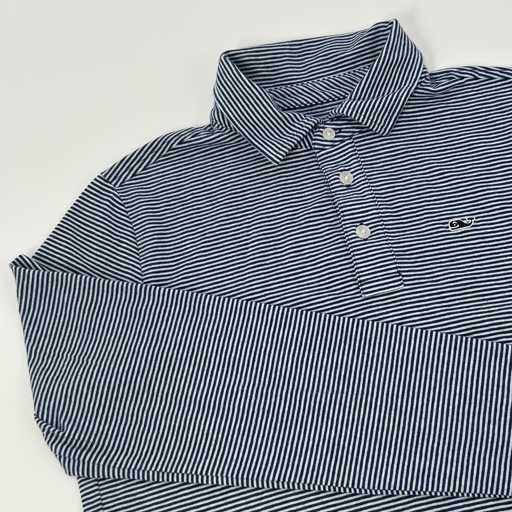Vineyard Vines Edgartown Polo Shirt Boys L (16) Blue Gray Stripes Whale Preppy